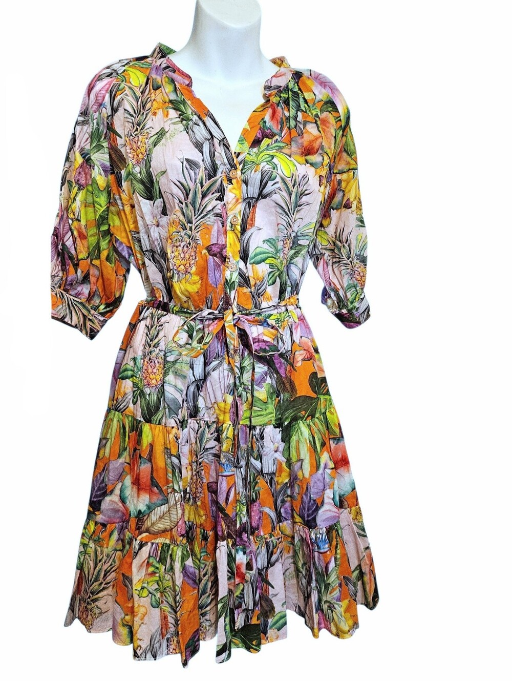 NEW Robert Graham Sydney Dress Floral Tropical Print Dress Puff Sleeve